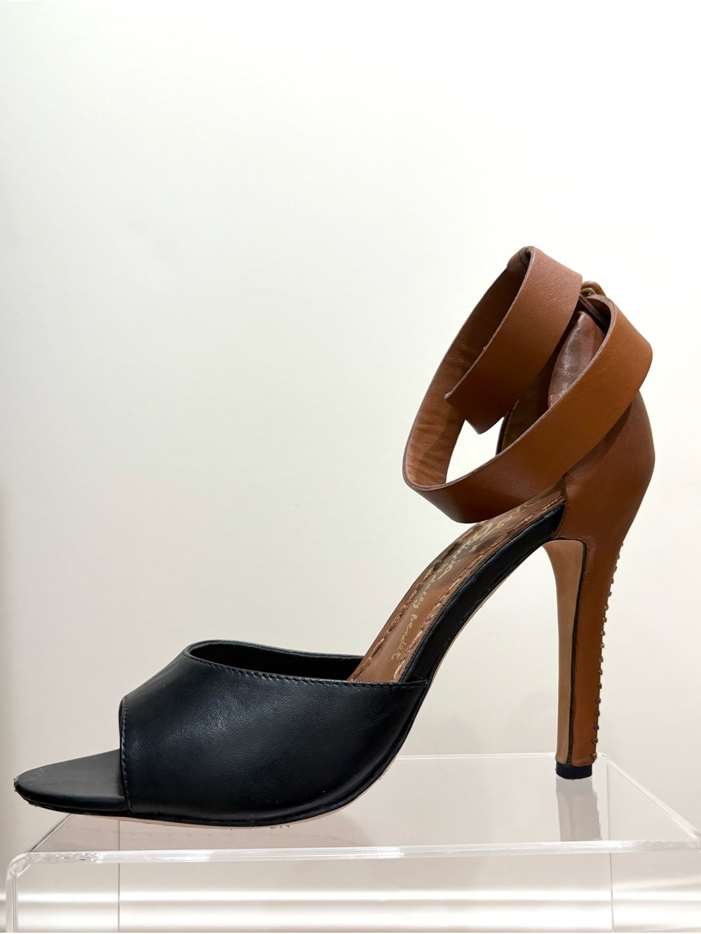 Alice + Olivia Black and Brown Leather Ankle-Strap Stiletto